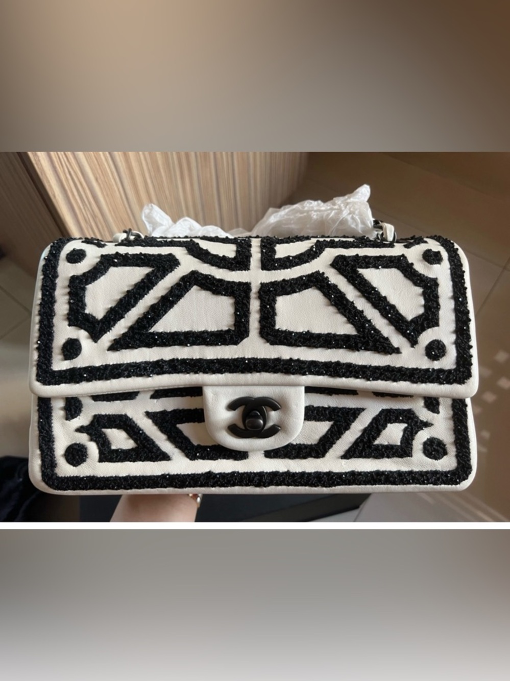 CHANEL White and Black Textured Geometric Flap Shoulder Bag